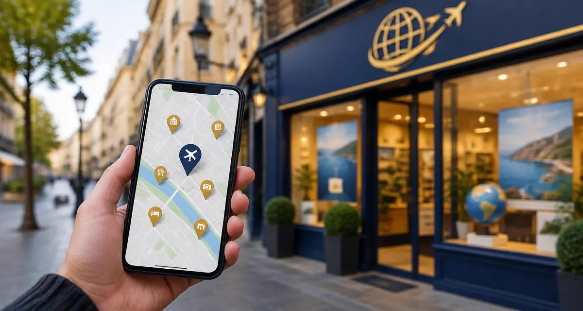 Celular mostrando mapa com pinos em frente a uma agência de viagens