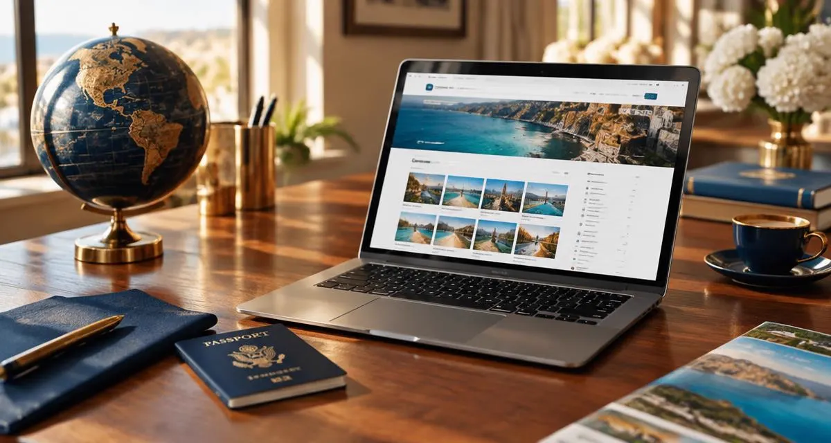 Mesa de agente de viagens com notebook, passaporte e globo